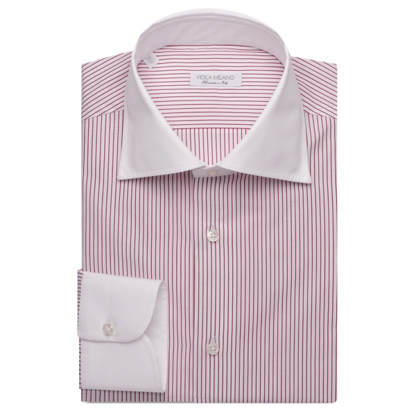 Viola Milano - Contrast Collar Cut-Away Collar Shirt - Red/White Striped - Handmade in Italy - Luxury Exclusive Collection