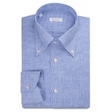 Viola Milano - Camicia con Collo Button-Down in 100% Lino con Motivo - Azzurro - Handmade in Italy - Luxury Exclusive Collection