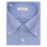 Viola Milano - Camicia con Collo Button-Down in 100% Lino con Motivo - Azzurro - Handmade in Italy - Luxury Exclusive Collection