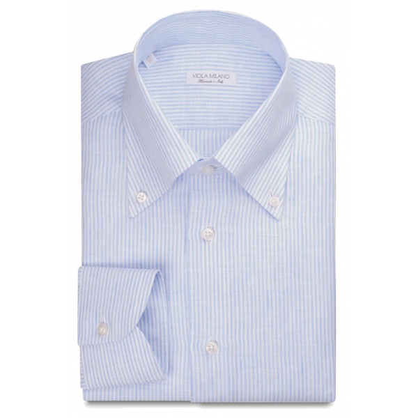 Viola Milano - Camicia con Colletto Button-Down 100% Lino a Righe - Blu/Bianco - Handmade in Italy - Luxury Exclusive Collection