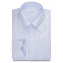 Viola Milano - Micro Stripe 100% Linen Button-Down Collar Shirt - Blue/White - Handmade in Italy - Luxury Exclusive Collection