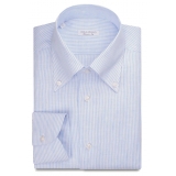 Viola Milano - Micro Stripe 100% Linen Button-Down Collar Shirt - Blue/White - Handmade in Italy - Luxury Exclusive Collection