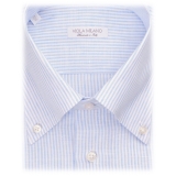 Viola Milano - Camicia con Colletto Button-Down 100% Lino a Righe - Blu/Bianco - Handmade in Italy - Luxury Exclusive Collection