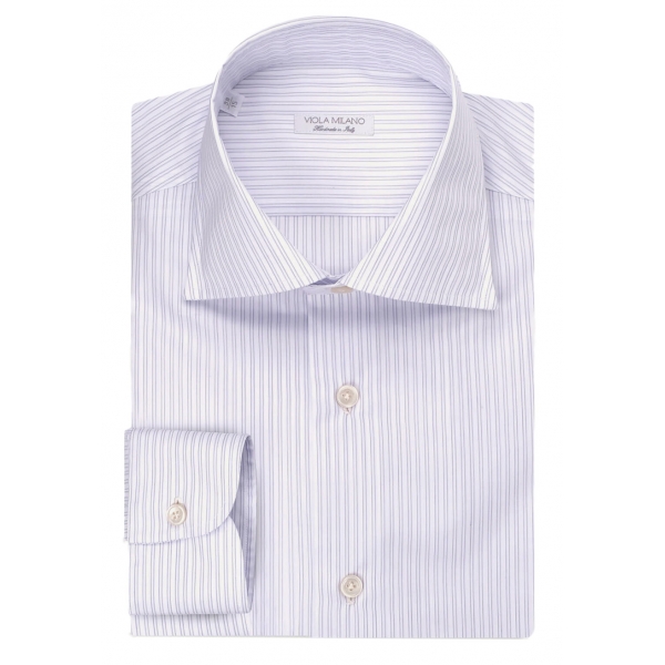 Viola Milano - Camicia con Colletto Cutaway con Collo a Righe - Navy Mix - Handmade in Italy - Luxury Exclusive Collection