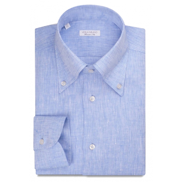 Viola Milano - Camicia Colletto Button-Down 100% Lino Tinta Unita - Azzurro - Handmade in Italy - Luxury Exclusive Collection