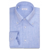 Viola Milano - Camicia Colletto Button-Down 100% Lino Tinta Unita - Azzurro - Handmade in Italy - Luxury Exclusive Collection