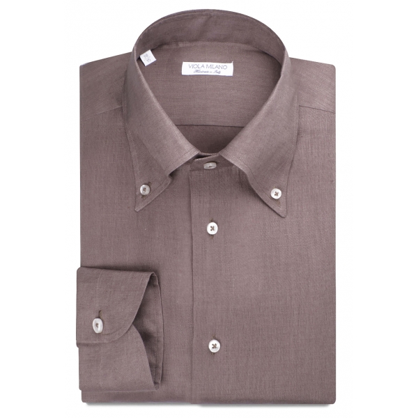 Viola Milano - Camicia Colletto Button-Down 100% Lino Tinta Unita - Tabacco - Handmade in Italy - Luxury Exclusive Collection