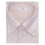 Viola Milano - Camicia Colletto Button-Down in 100% Lino Tinta Unita - Sabbia - Handmade in Italy - Luxury Exclusive Collection