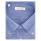 Viola Milano - Camicia con Colletto Button-Down 100% Lino Tinta Unita - Mare - Handmade in Italy - Luxury Exclusive Collection