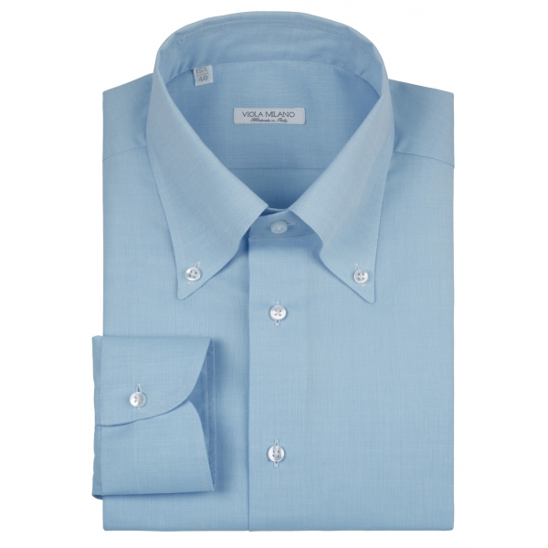 Viola Milano - Solida Camicia Carlo Riva Cotone Etamine Button Down - Azzurro - Handmade in Italy - Luxury Exclusive Collection