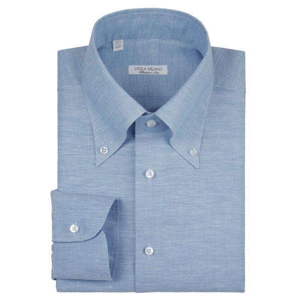 Viola Milano - Solid Carlo Riva Oxford/Linen Button-Down Shirt - Light Blue - Handmade in Italy - Luxury Exclusive Collection