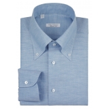 Viola Milano - Solida Camicia Oxford/Lino Button-Down - Azzurro - Handmade in Italy - Luxury Exclusive Collection