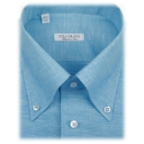 Viola Milano - Solid Carlo Riva Oxford/Linen Button-Down Shirt - Sea - Handmade in Italy - Luxury Exclusive Collection