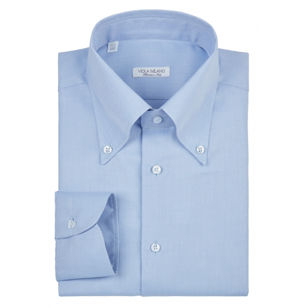 Viola Milano - Solida Camicia Carlo Riva Popeline Doppio Button Down - Azzurro - Handmade in Italy - Luxury Exclusive Collection