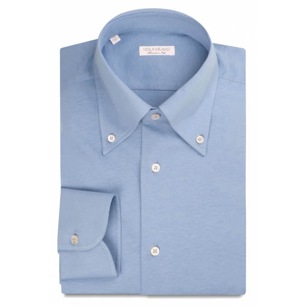 Viola Milano - Solid Cotton/Jersey Button-Down Collar Dress Shirt - Sea II - Handmade in Italy - Luxury Exclusive Collection