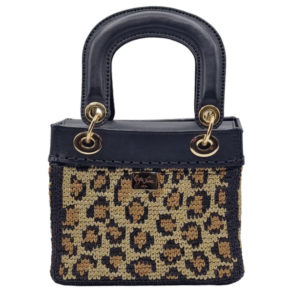 CapriNina - CapriDì Mini - Fine Bag Handmade in Capri - Black Leopard - Handmade in Italy - Exclusive Luxury