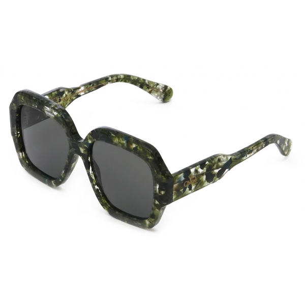 Chloé - Gayia Sunglasses in Acetate - Green Crystal Foliage Pattern Smoke - Chloé Eyewear