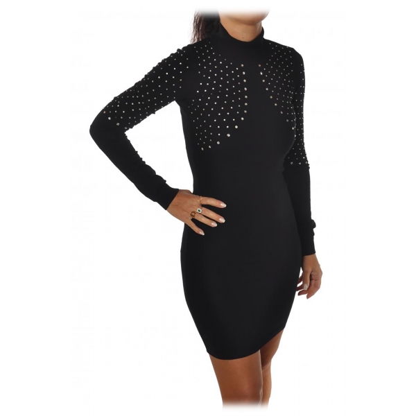 Aniye By Short Dress with High Neck and Rhinestones Black