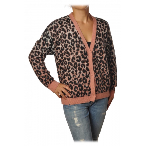 Aniye By Cardigan in Animalier Pattern Pink Black Knit Made in