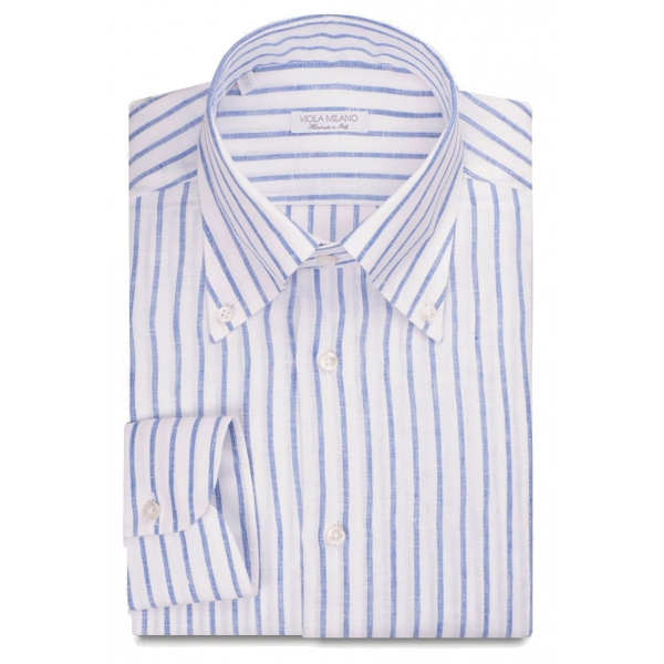 Viola Milano - Stripe 100% Linen Button-Down Collar Shirt - Blue/White - Handmade in Italy - Luxury Exclusive Collection