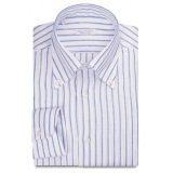 Viola Milano - Camicia con Colletto Button-Down 100% Lino a Righe - Blu/Bianco - Handmade in Italy - Luxury Exclusive Collection