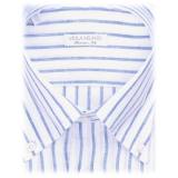 Viola Milano - Camicia con Colletto Button-Down 100% Lino a Righe - Blu/Bianco - Handmade in Italy - Luxury Exclusive Collection