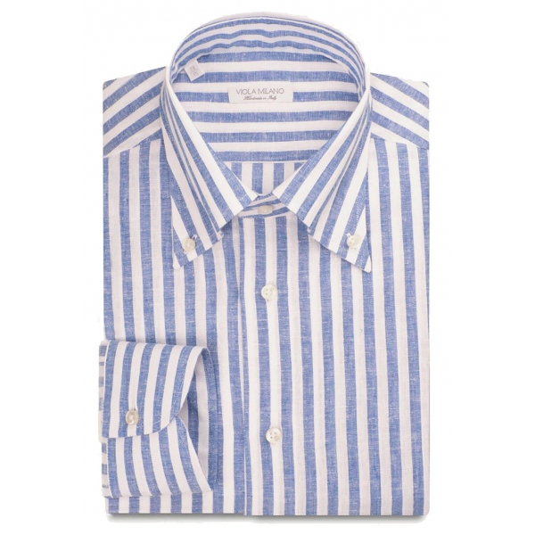 Viola Milano - Stripe 100% Linen Button-Down Collar Shirt - Sea/White - Handmade in Italy - Luxury Exclusive Collection