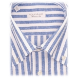 Viola Milano - Camicia Colletto Button-Down 100% Lino a Righe - Mare/Bianco - Handmade in Italy - Luxury Exclusive Collection