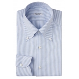 Viola Milano - Camicia con Colletto Button-Down in Oxford a Righe - Blu/Bianco - Handmade in Italy - Luxury Exclusive Collection