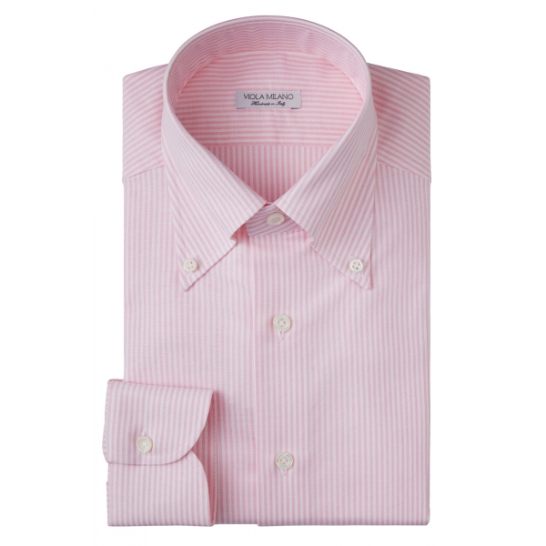 Viola Milano - Camicia Colletto Button-Down in Oxford a Righe - Rosa/Bianco - Handmade in Italy - Luxury Exclusive Collection