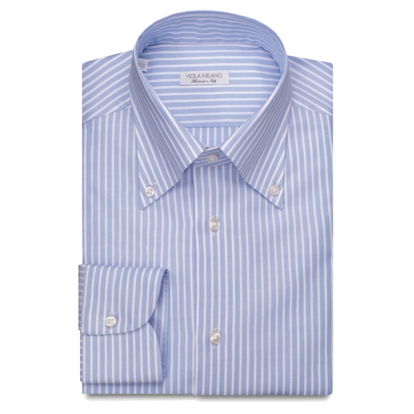 Viola Milano - Stripe Button-Down Collar Dress Shirt - Sea/White - Handmade in Italy - Luxury Exclusive Collection