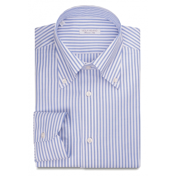 Viola Milano - Camicia con Colletto Button-Down a Righe - Blu/Bianco - Handmade in Italy - Luxury Exclusive Collection