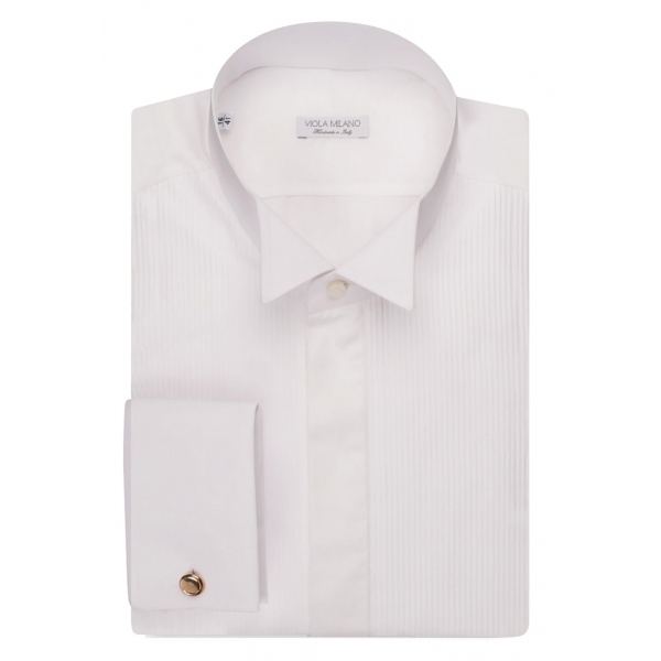 Viola Milano - White Cotton Dress Shirt With Wing Collar And Double Cuffs - Handmade in Italy - Luxury Exclusive Collection