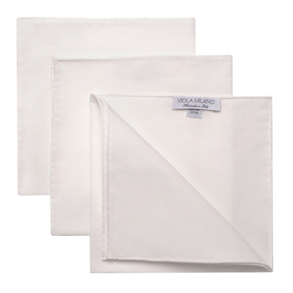 Viola Milano - Box of 3 Classic Solid Cotton Pocket Square - White - Handmade in Italy - Luxury Exclusive Collection