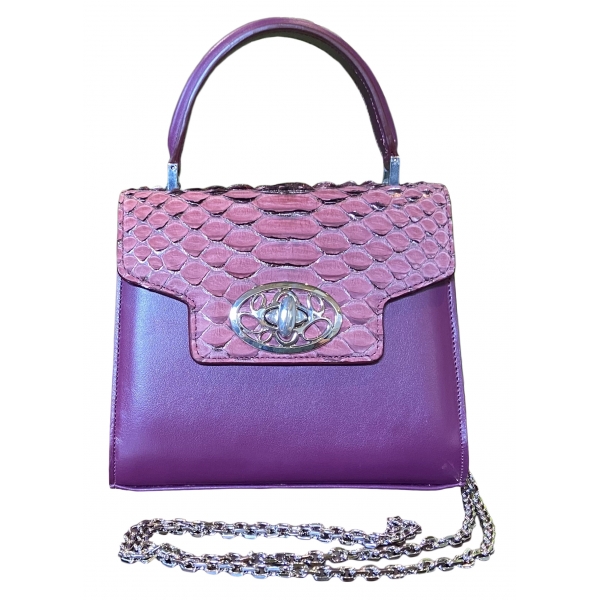 Suèi - Bag of Medium Size of Python & Calf Leather - Plum - Handmade in Italy - Luxury Exclusive Collection