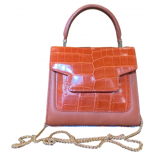 Suèi - Bag of Medium Size of Python, Crocodile & Calf Leather - Orange - Handmade in Italy - Luxury Exclusive Collection