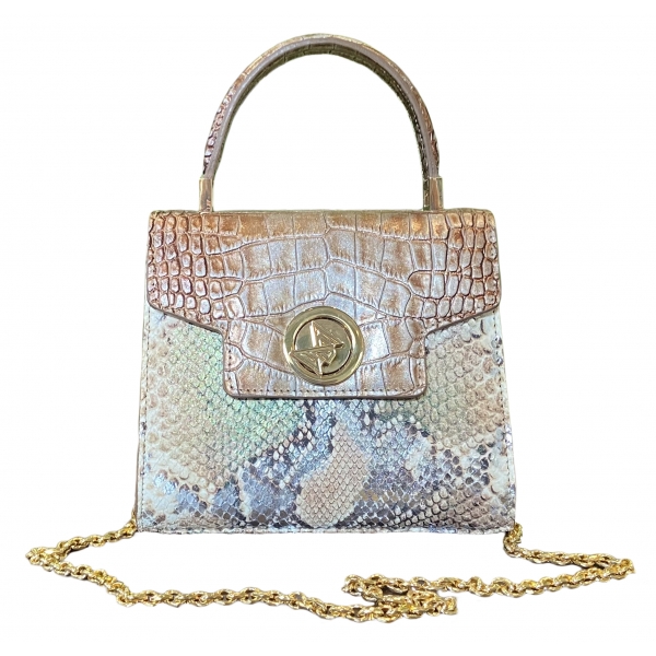 Suèi - Bag of Medium Size of Python & Crocodile Leather - Beige - Handmade in Italy - Luxury Exclusive Collection