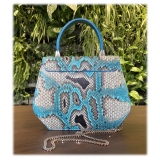 Suèi - Bag of Medium Size of Python & Crocodile Leather - Azzurro - Handmade in Italy - Luxury Exclusive Collection