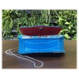Suèi - Borsa Media in Pelle di Pitone e Coccodrillo - Azzurro - Handmade in Italy - Luxury Exclusive Collection