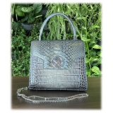 Suèi - Bag of Mini Size of Printed Crocodile Leather - Black - Handmade in Italy - Luxury Exclusive Collection