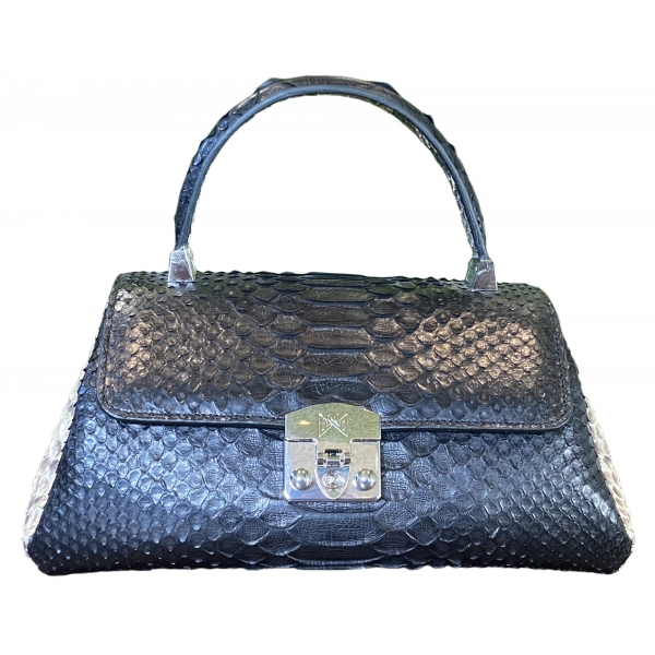 Suèi - Bag of Medium Size of Python Leather - Black & Beige - Handmade in Italy - Luxury Exclusive Collection