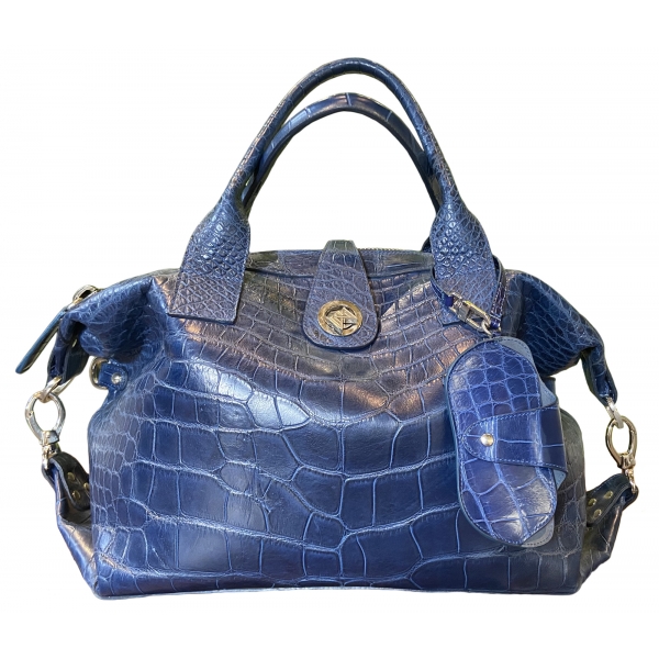 Suèi - Bag of Crocodile Leather - Blue - Handmade in Italy - Luxury Exclusive Collection