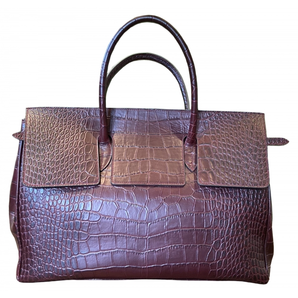 Suèi - Bag of Printed Crocodile Leather - Black - Handmade in Italy - Luxury Exclusive Collection