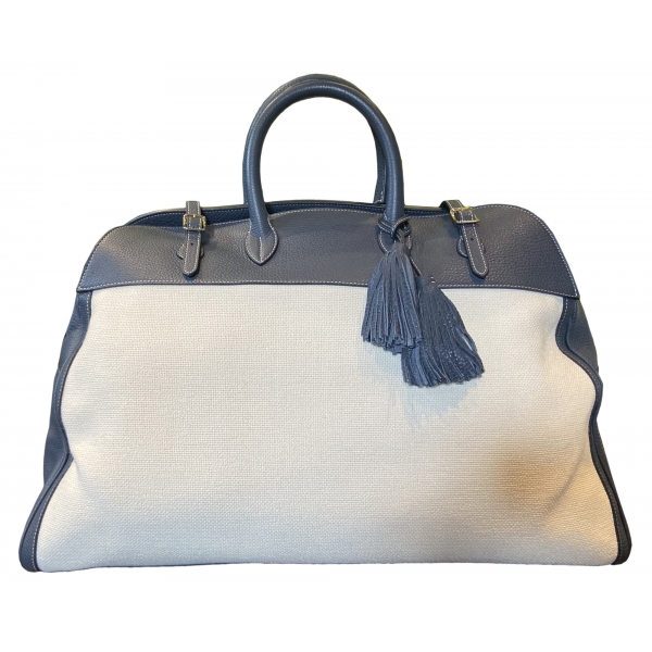 Suèi - Bag of Calf Leather and Canvas Fabric - Blue Navy - Handmade in Italy - Luxury Exclusive Collection