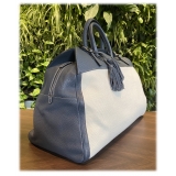 Suèi - Bag of Calf Leather and Canvas Fabric - Blue Navy - Handmade in Italy - Luxury Exclusive Collection