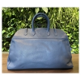 Suèi - Bag of Calf Leather and Canvas Fabric - Blue Navy - Handmade in Italy - Luxury Exclusive Collection