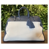 Suèi - Bag of Calf Leather and Canvas Fabric - Blue Navy - Handmade in Italy - Luxury Exclusive Collection