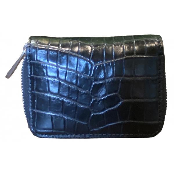 Suèi - Wallet - Zipped Card Holder of Crocodile Leather - Black - Handmade in Italy - Luxury Exclusive Collection