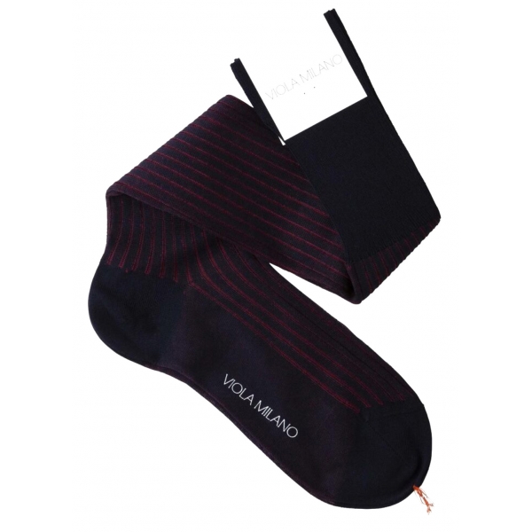 Viola Milano - Contrast Striped Over-The-Calf Cotton Socks - Navy/Wine - Handmade in Italy - Luxury Exclusive Collection