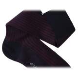 Viola Milano - Contrast Striped Over-The-Calf Cotton Socks - Navy/Wine - Handmade in Italy - Luxury Exclusive Collection